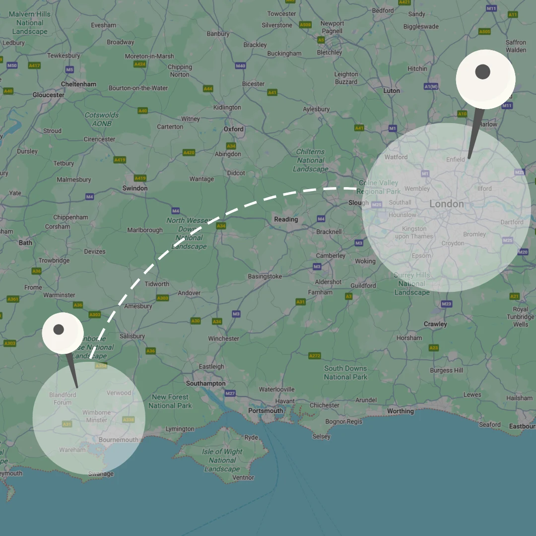 UK map showing London and Dorset service areas